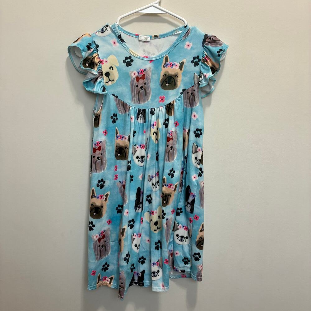 Girls Dog Print Dress Blue Flutter Sleeve Cute Puppies Size 10 12 5XL